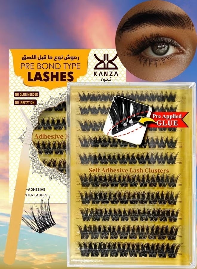 Kanza طقم رموش مسبقة الالتصاق مع ملاقط رموش لاصقة ذاتيًا، طقم مجموعات رموش، رموش صناعية من نوع D Curl مع مجموعات لاصقة، طقم رموش خفيفة للمبتدئين واستخدام الصالونات، طقم تمديد رموش DIY للضغط، رموش صناعية بحجم 10-16 مم، 100 قطعة - Image 1