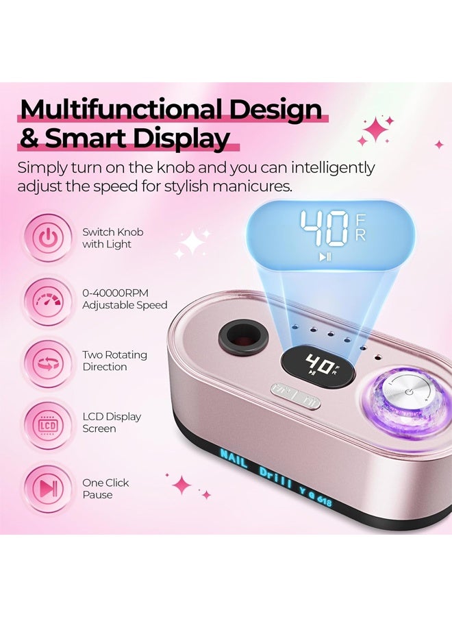 DUNISO م drill كهربائي احترافي 40000 دورة في الدقيقة، مجموعة ملف أظافر كهربائية، آلة تلميع الأظافر مع شاشة LCD، مريحة وعملية، لتجميل الأظافر والقدمين، آلة تلميع - Image 4