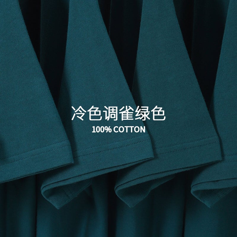 Cold Tone Sparrow Green 300G Heavy Couple Short Sleeve T-Shirt Men'S Nostalgic Simple Basic Solid Color Half Sleeve Top - Image 2