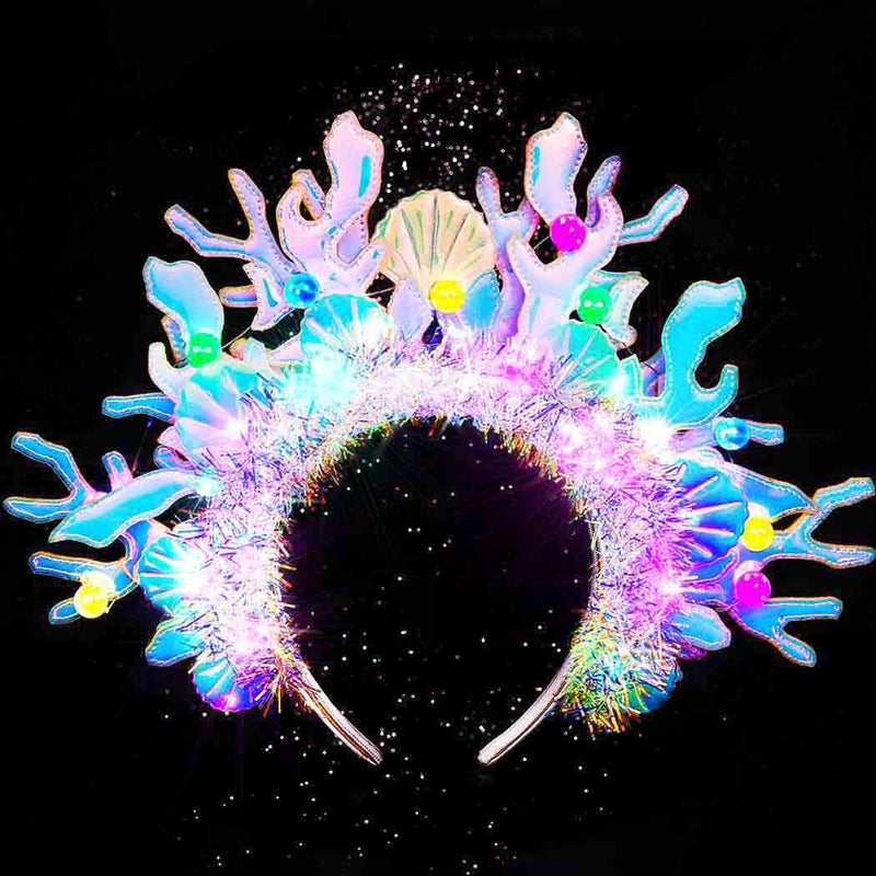 Zoestar Light Up Coral Costume Headband Sparkly Led Seashell Head Wear Rave Pearl Hair Accessories for Women