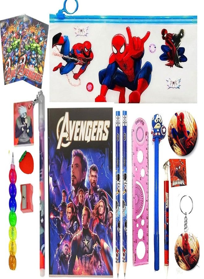 Neel Marvel Superhero Stationery Combo Set for Kids Avengers Pencil Pouch with Avengers Notebook|Pencils|Pen|Ruler|Sharpener|Eraser & Keychains|School Supplies Return Gift Set Pack