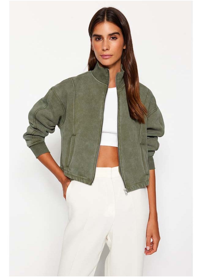 trendyol Khaki Aged/Faded Effect Thick Fleece Inside Regular Fit Zippered Knitted Sweatshirt TWOAW24SW00241  - Image 1