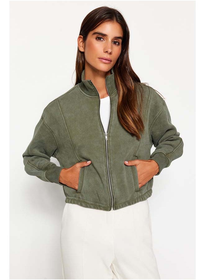 trendyol Khaki Aged/Faded Effect Thick Fleece Inside Regular Fit Zippered Knitted Sweatshirt TWOAW24SW00241  - Image 2