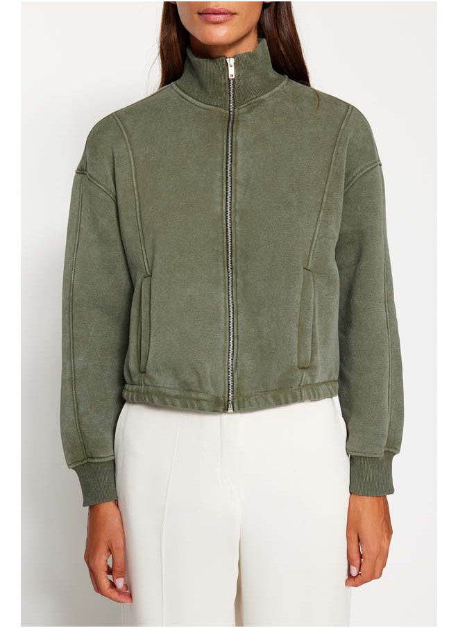 trendyol Khaki Aged/Faded Effect Thick Fleece Inside Regular Fit Zippered Knitted Sweatshirt TWOAW24SW00241  - Image 4