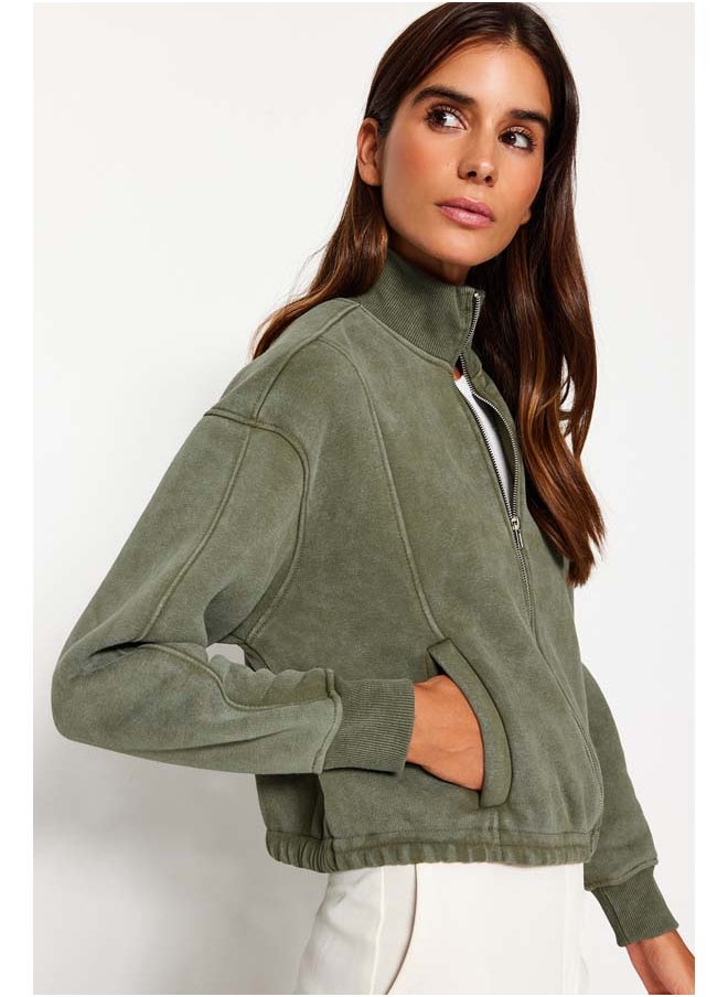 trendyol Khaki Aged/Faded Effect Thick Fleece Inside Regular Fit Zippered Knitted Sweatshirt TWOAW24SW00241  - Image 3
