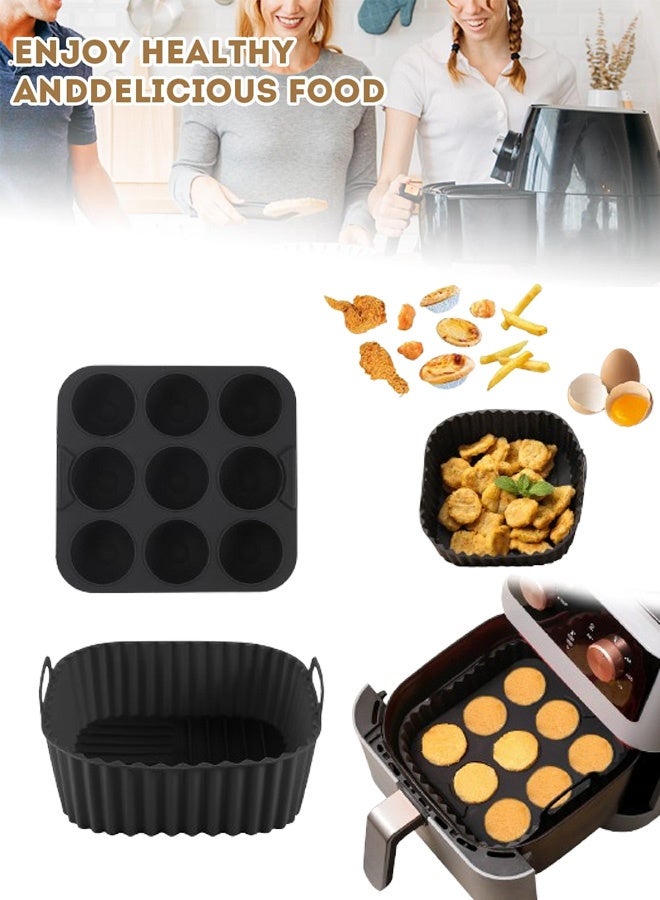 صينية خبز من السيليكون، 2 عبوة من بطانات السيليكون للمقلاة الهوائية، وعاء سيليكون قابل لإعادة الاستخدام، مقلاة هوائية من السيليكون بدرجة الطعام، أسود - Image 1