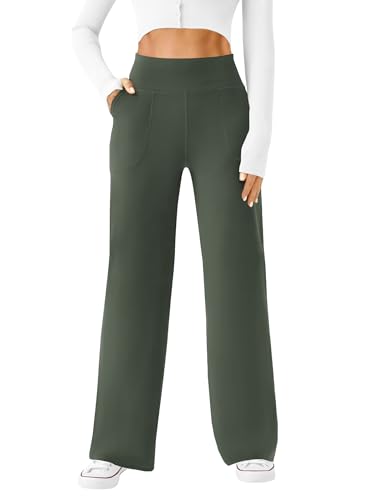 DLOODA Womens Wide Leg Yoga Pants Casual Work Dress Pants Lounge Sweatpants High Waist Comfy Loose Trousers with Pockets Olive Green - Image 1