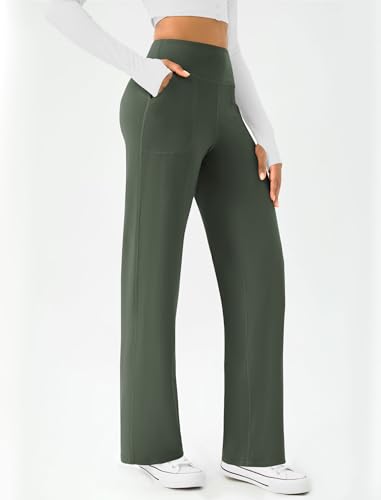 DLOODA Womens Wide Leg Yoga Pants Casual Work Dress Pants Lounge Sweatpants High Waist Comfy Loose Trousers with Pockets Olive Green - Image 3