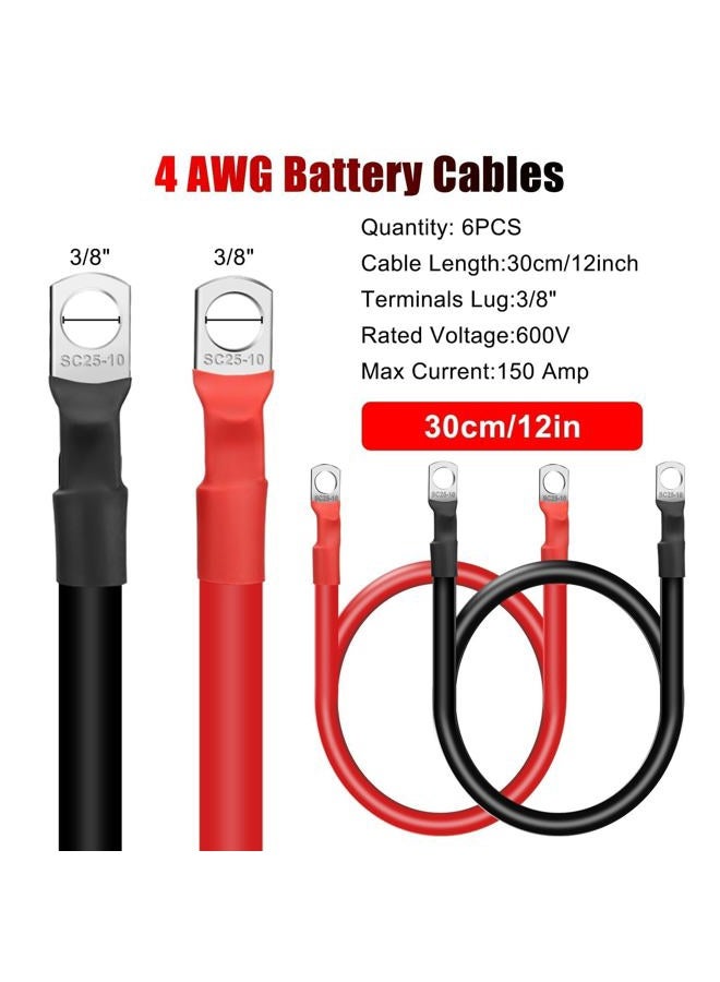Linkstyle 6PCS 4 AWG Battery Cables,30CM/12inch Marine Battery Inverter Cables Set,with 3/8" Tinned Copper Lugs, for Automotive Solar, ATV, RV - Image 2