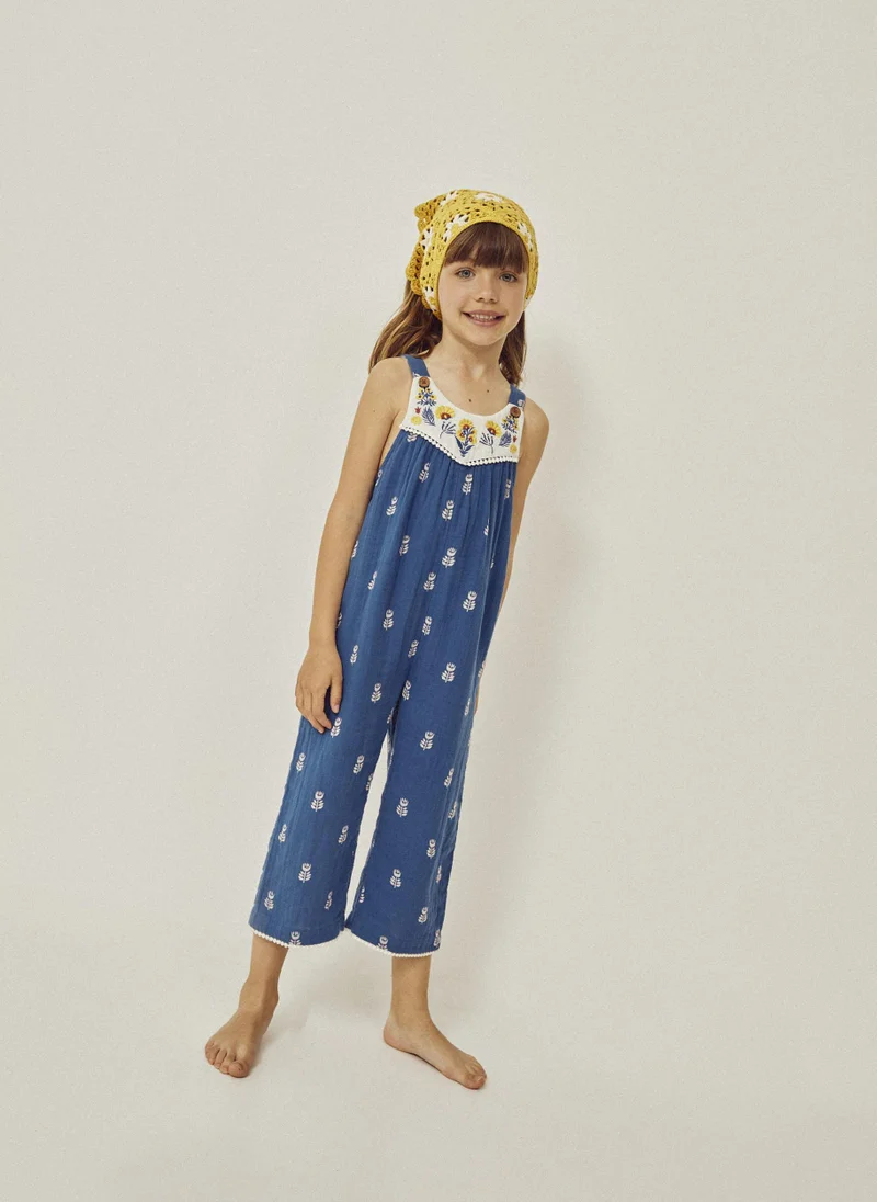 زيبي Floral Cotton Jumpsuit for Girls, Blue/White