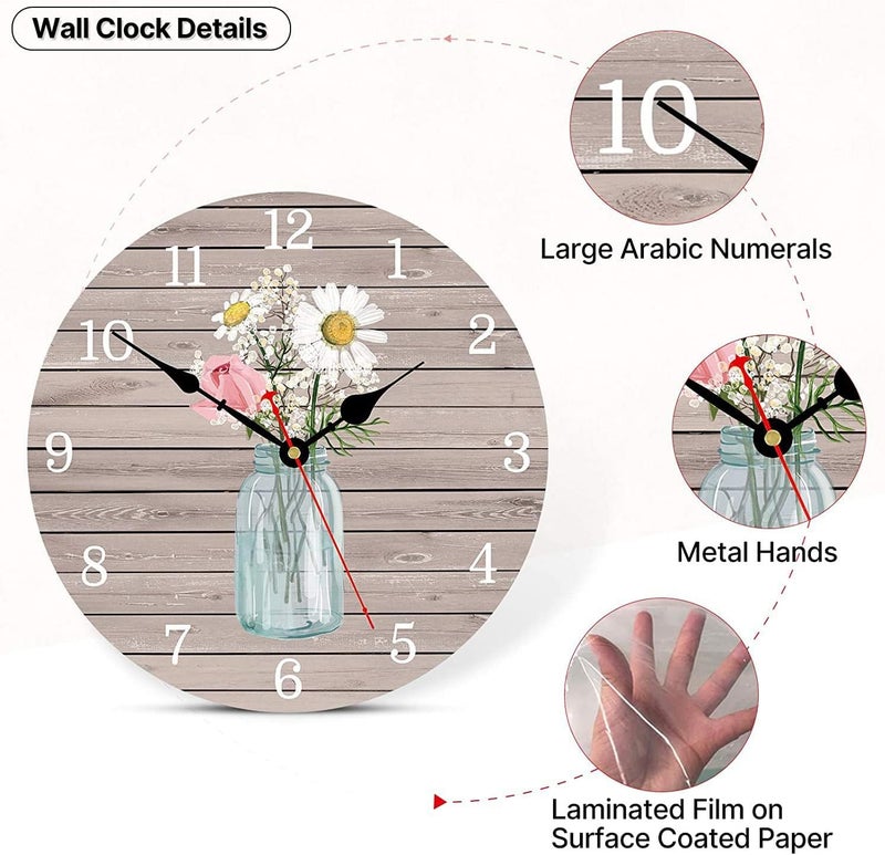 Toudorp Large Wooden Kitchen Wall Clock, 12 Inch Unusual Flowers in Bottle Clocks, Vintage Shabby Chic Silent Battery Wall Clocks for Living Room Bedroom Bathroom Office - Image 4