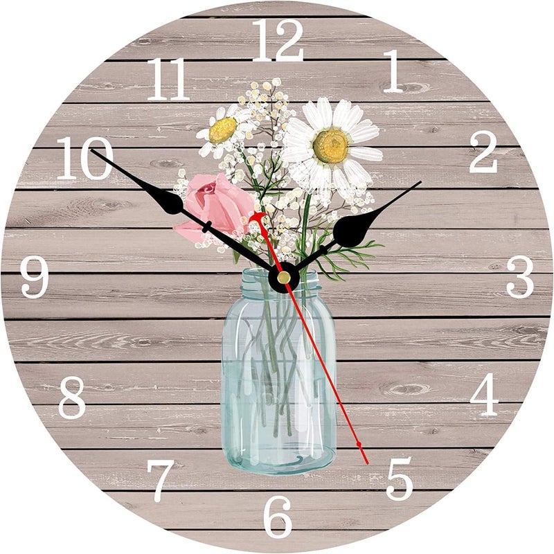 Toudorp Large Wooden Kitchen Wall Clock, 12 Inch Unusual Flowers in Bottle Clocks, Vintage Shabby Chic Silent Battery Wall Clocks for Living Room Bedroom Bathroom Office - Image 1