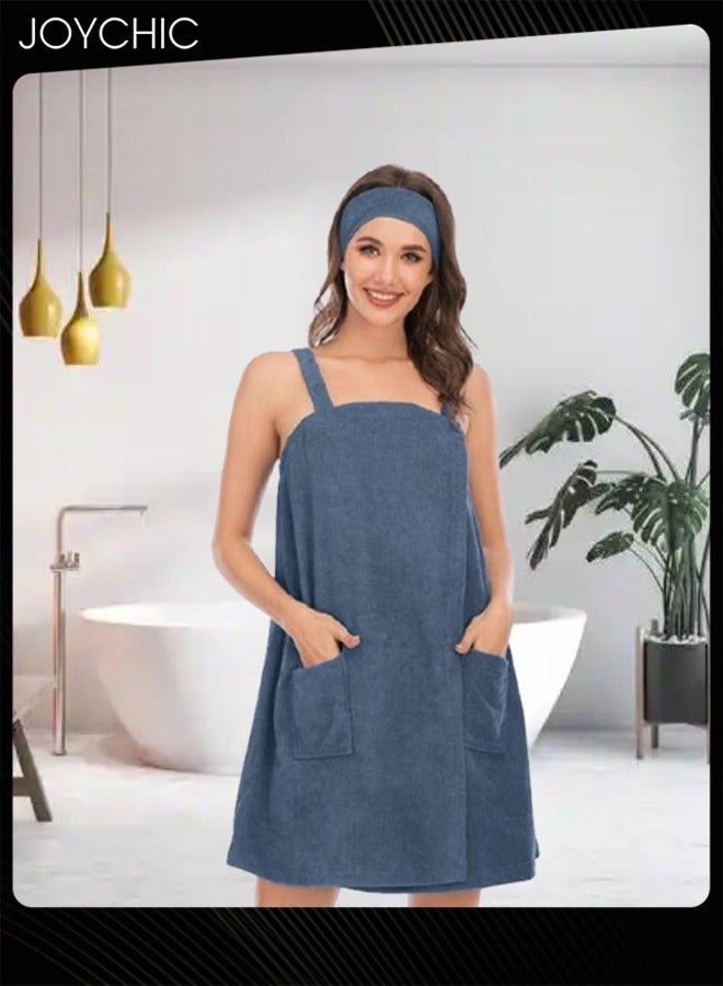 Joychic Women Solid Color Polyester Skin-friendly and Absorb- water Bathrobe Massage Stickers Suspenders Nightgown with Pockets for All Seasons Blue - Image 1