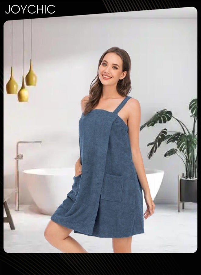 Joychic Women Solid Color Polyester Skin-friendly and Absorb- water Bathrobe Massage Stickers Suspenders Nightgown with Pockets for All Seasons Blue - Image 2