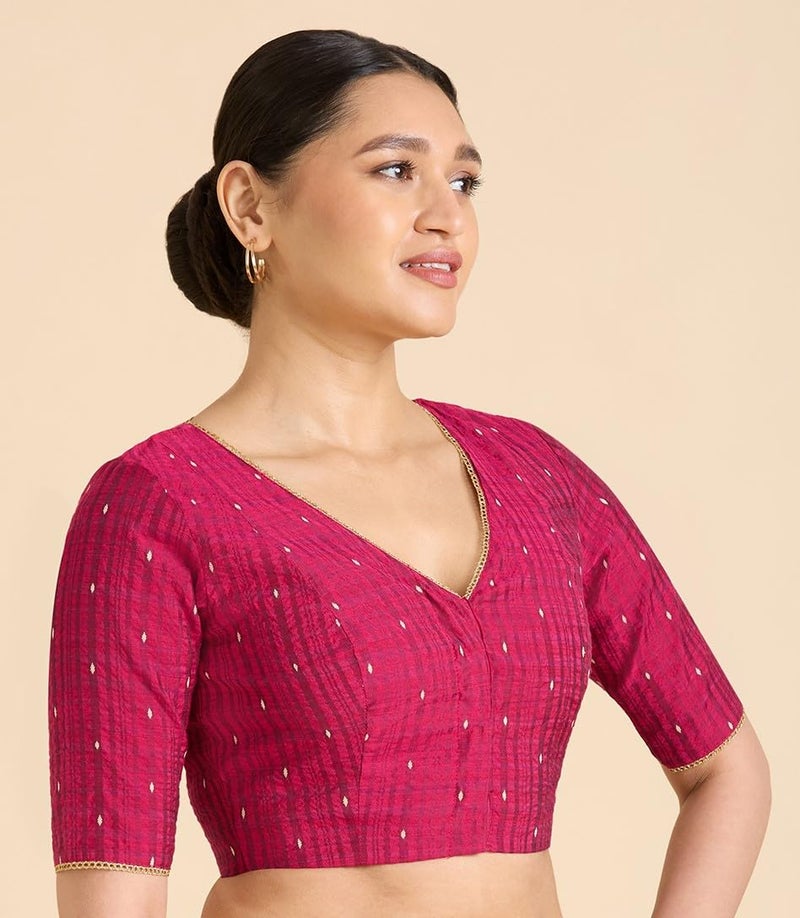 Studio Shringaar Women's Handloom Cotton Silk Readymade Saree Blouse (Pink, 42) - Image 4