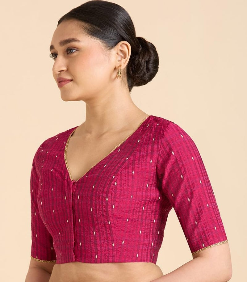 Studio Shringaar Women's Handloom Cotton Silk Readymade Saree Blouse (Pink, 42) - Image 3