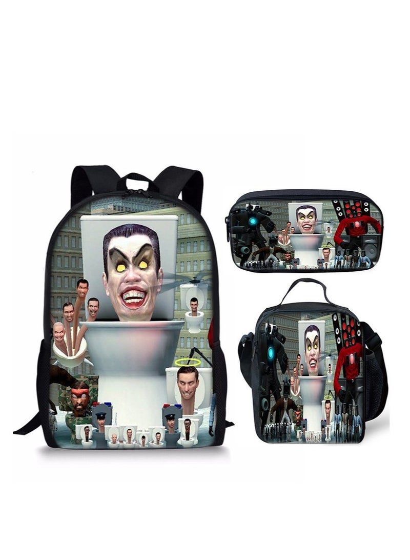 3 Piece Skibidi Toilet 3D Print Insulated Lunch Backpack Set Multicolour