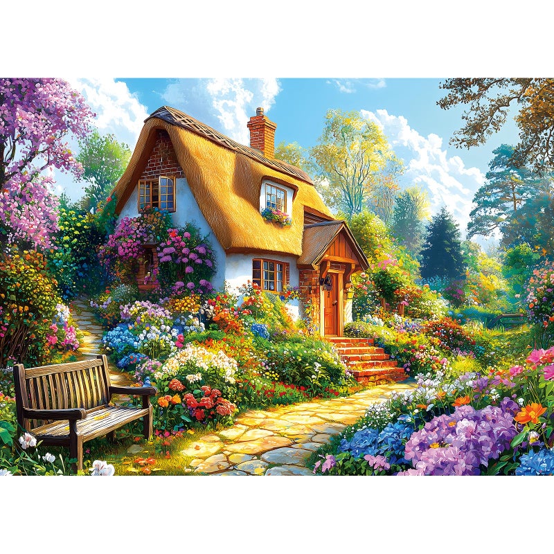 MINIWAN Cottage Garden 1000 Piece Jigsaw Puzzles for Adults Colorful Floral Landscape with Thatched Roof House Puzzles with Letters on Back for Easy Sorting Hard Unique Puzzle Games for Adults Game Night - Image 3