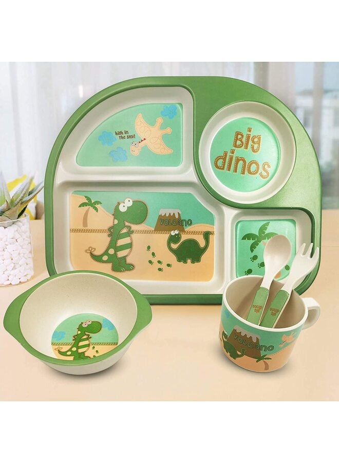 5-Piece Dinosaur Cutlery Set for Kids, Bamboo Plate Set, Cartoon Fork and Spoon Set, Baby Self-Eating Plate - Image 2