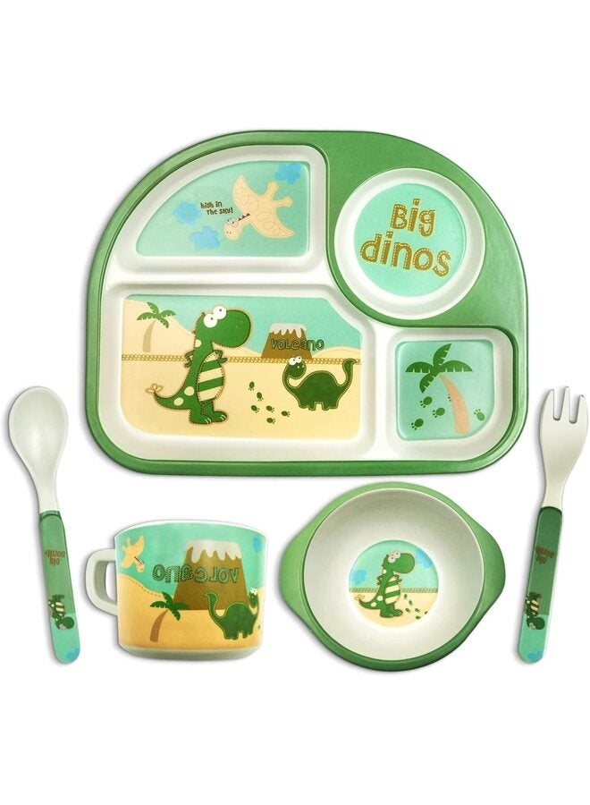 5-Piece Dinosaur Cutlery Set for Kids, Bamboo Plate Set, Cartoon Fork and Spoon Set, Baby Self-Eating Plate - Image 1