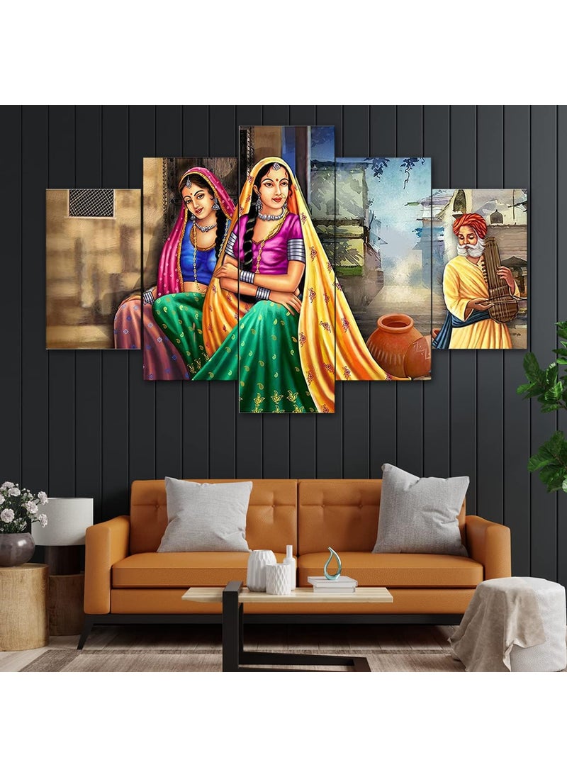 Perpetual perpetual Rajasthani Lady Painting Paintings for Wall Decoration Wall Painting for Living Room Decorating Items for Home Best Gift Item Trible Art Wall Hanging Set of 5125x60 CM L  - Image 1