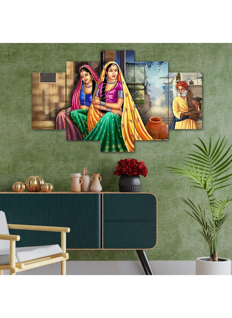 Perpetual perpetual Rajasthani Lady Painting Paintings for Wall Decoration Wall Painting for Living Room Decorating Items for Home Best Gift Item Trible Art Wall Hanging Set of 5125x60 CM L  - Image 2