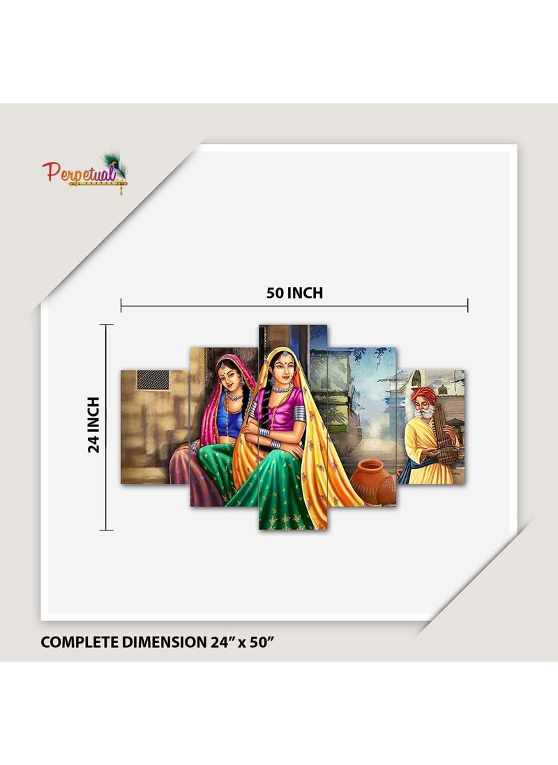 Perpetual perpetual Rajasthani Lady Painting Paintings for Wall Decoration Wall Painting for Living Room Decorating Items for Home Best Gift Item Trible Art Wall Hanging Set of 5125x60 CM L  - Image 4