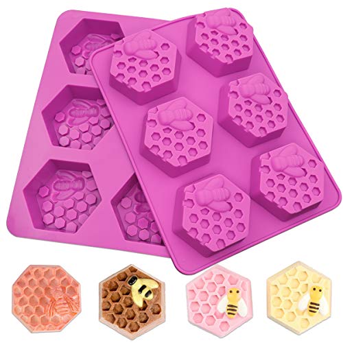 Sakolla 2 Pack Honeycomb Silicone Soap Molds, 6 Cavity Hexagon Bee Silicone Molds for Soap, Lotion Bars, Wax Melts, Beeswax (Purple) - Image 1