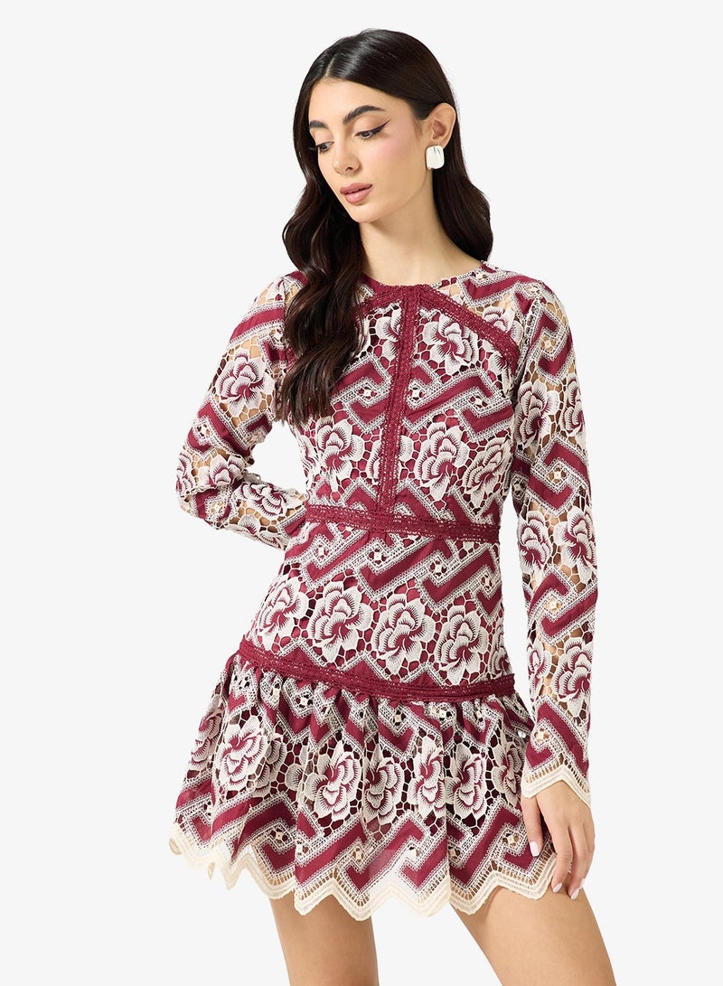 Just Me Floral Lace Long Sleeve Ruffle Hem Mini Dress - Image 2