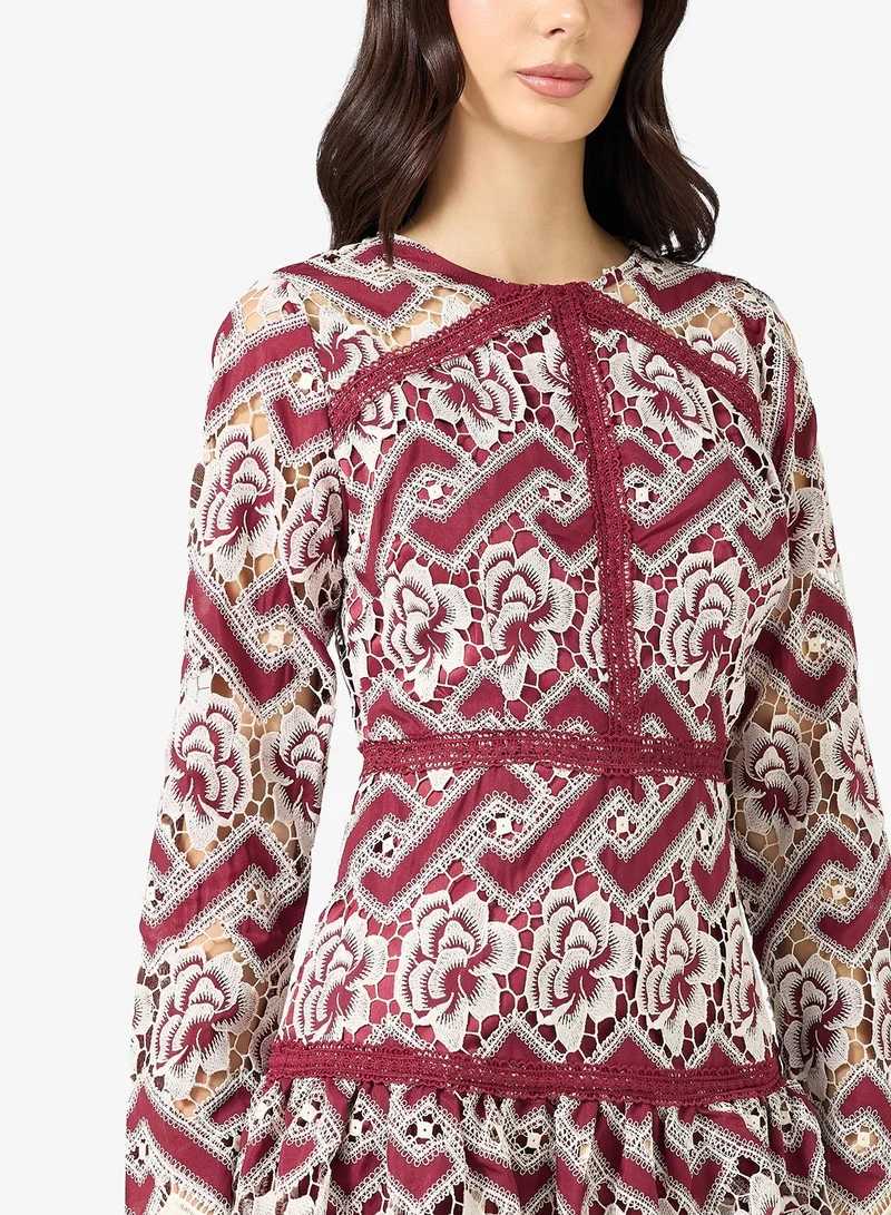 Just Me  Floral Lace Long Sleeve Ruffle Hem Mini Dress for Women | Best Price UAE