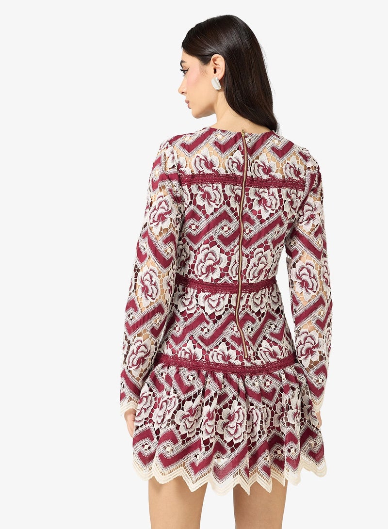 Just Me Floral Lace Long Sleeve Ruffle Hem Mini Dress - Image 3