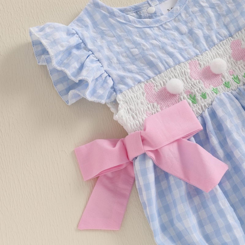 Socutebabe My First Easter Baby Girl Outfit Infant Plaid Bubble Romper Easter Bunny Embroidery Jumpsuit Cute Spring Clothes (a-bunny-Blue, 3-6 Months) - Image 4