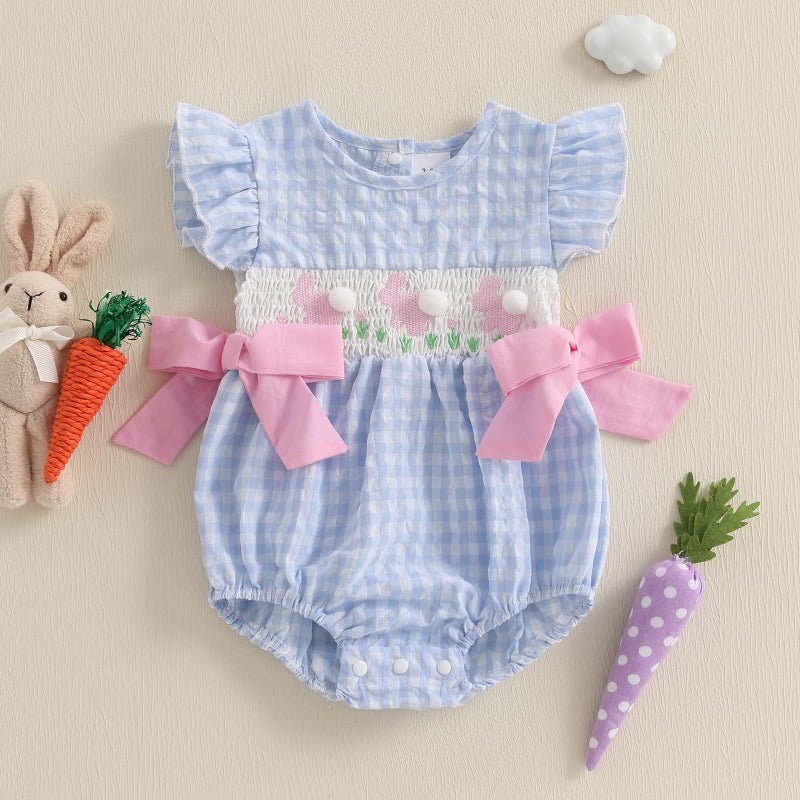 Socutebabe My First Easter Baby Girl Outfit Infant Plaid Bubble Romper Easter Bunny Embroidery Jumpsuit Cute Spring Clothes (a-bunny-Blue, 3-6 Months) - Image 2