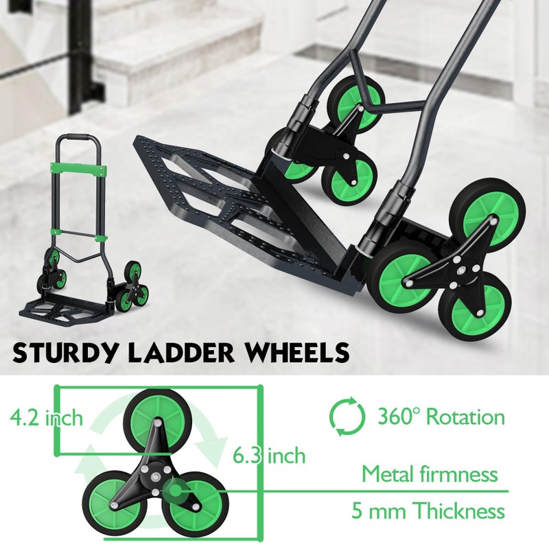 Chinco Star Heavy-Duty 330LB Capacity Hand Truck with Stair-Climbing Wheels & One-Touch Retractable Handle - Q235 Steel Collapsible Dolly Cart, 4.2-Inch Triple Wheels, Elastic Strap & Sponge Grip (Green) - Image 3