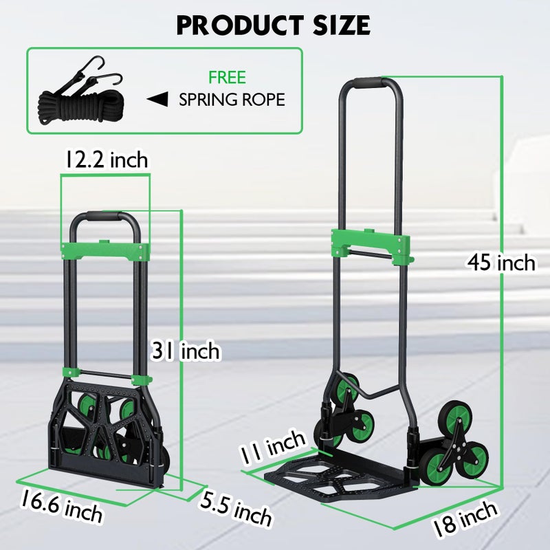 Chinco Star Heavy-Duty 330LB Capacity Hand Truck with Stair-Climbing Wheels & One-Touch Retractable Handle - Q235 Steel Collapsible Dolly Cart, 4.2-Inch Triple Wheels, Elastic Strap & Sponge Grip (Green) - Image 5