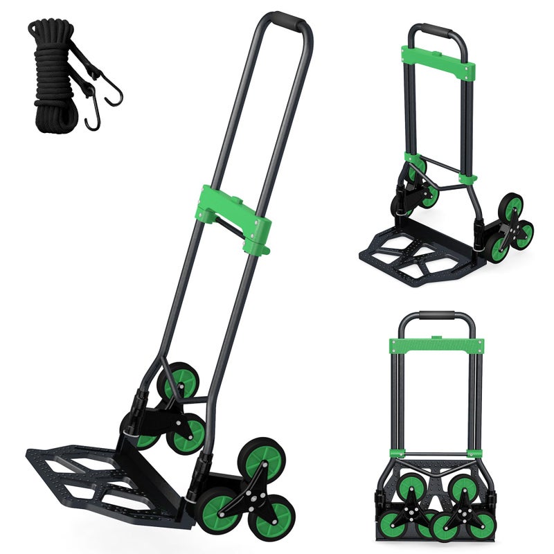 Chinco Star Heavy-Duty 330LB Capacity Hand Truck with Stair-Climbing Wheels & One-Touch Retractable Handle - Q235 Steel Collapsible Dolly Cart, 4.2-Inch Triple Wheels, Elastic Strap & Sponge Grip (Green) - Image 1