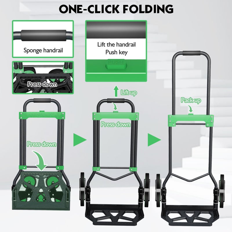 Chinco Star Heavy-Duty 330LB Capacity Hand Truck with Stair-Climbing Wheels & One-Touch Retractable Handle - Q235 Steel Collapsible Dolly Cart, 4.2-Inch Triple Wheels, Elastic Strap & Sponge Grip (Green) - Image 4