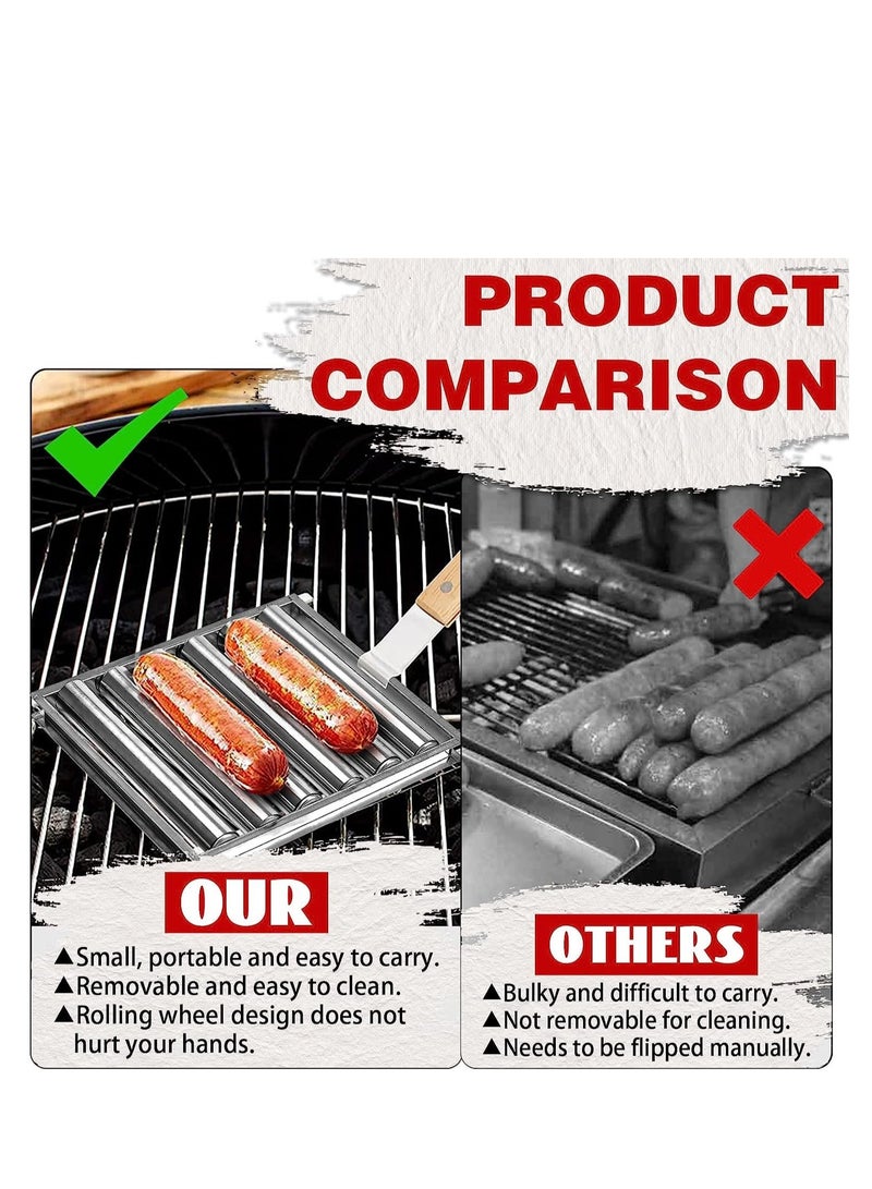 SOLARAE Barbecue Sausage Roller Grill, Hot Dog Roller, BBQ Hot Dog Griller Rack, Stainless Steel Hot Dog Roller Griller Rack, with Wood Handle Evenly Cooked for Hot Dog Sausages - Image 5