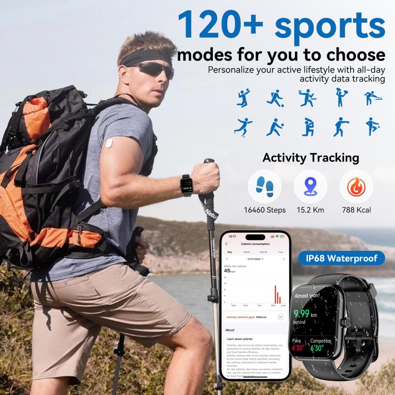 SENBONO Smart Watch with Alexa Built-in, 1.83" HD Touchscreen, Digital Bluetooth Calling, IP68 Waterproof Fitness Tracker, 120+ Sports Modes, 24/7 Heart Rate/Sleep Monitor for iPhone Android (Black) - Image 3