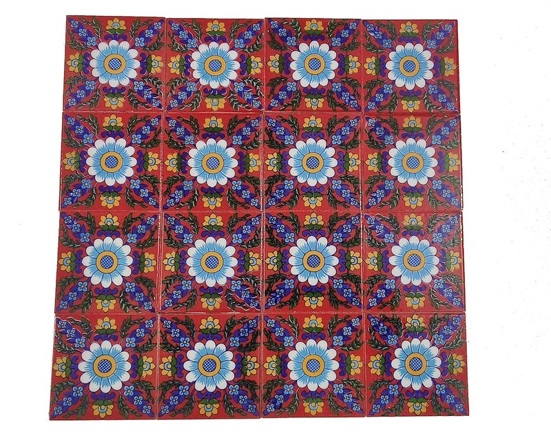 Shiv Kripa Blue Pottery Shiv Kripa Blue Pottery Luxury Floral Decorative Crafted Tabletop Flooring Wall Interior Exterior Traditional 3 x 3 inch Tiles Pack of 16 Tiles 