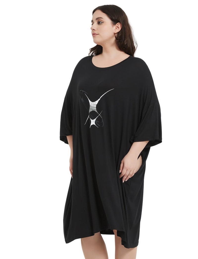 KFUBUO Plus Size Nightgowns for Women Oversized Sleep Tshirts Dress Black Pjs Lounge Short Sleeves Sleepwear With Pocket Fit S-5XL - Image 3