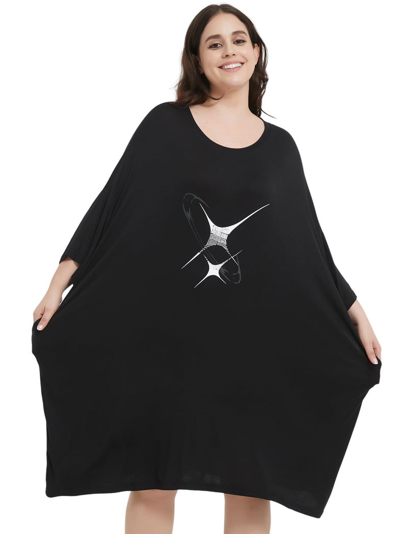KFUBUO Plus Size Nightgowns for Women Oversized Sleep Tshirts Dress Black Pjs Lounge Short Sleeves Sleepwear With Pocket Fit S-5XL - Image 5