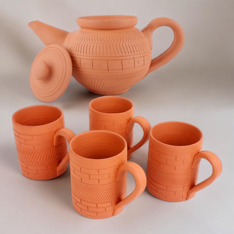 RKD Enterprise Handcrafted Premium Terracotta Tea Morning Set - 4 Coffee Tea Mug with 1 Tea Pot Kettle | Ideal Gift for Friends &Family - Image 2