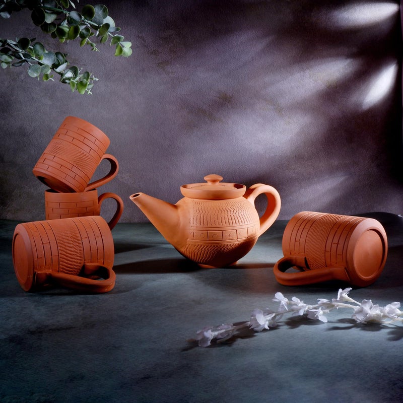 RKD Enterprise Handcrafted Premium Terracotta Tea Morning Set - 4 Coffee Tea Mug with 1 Tea Pot Kettle | Ideal Gift for Friends &Family - Image 1