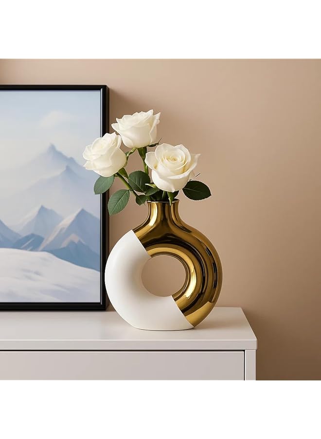 The Bros Creative Doughnut Shaped Round Vase | European Style Home Decor for Modern Living Room | Luxurious Centerpieces for Dining Table | White & Gold Large Vase Flower