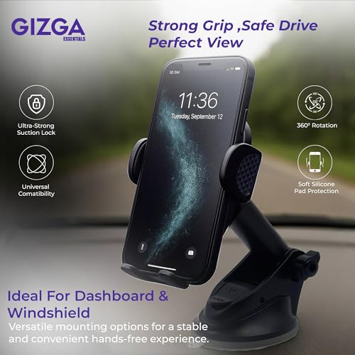 GIZGA essentials Car Phone Stand, Universal Air-Vent Mount Mobile Holder (Rubber)/Tablet Mount Mobile Holder, Steady Grip & Rounded Edges, Compatible for All Devices, Expandable Jaw, Black - Image 2