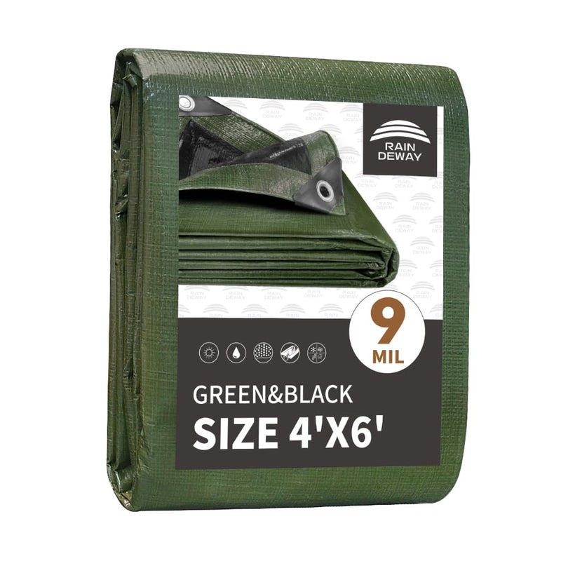 RAINDEWAY Tarps 4x6 Feet,Small Tarp Waterproof,9Mil Thick Finished Size,Multipurpose Poly Tarp Cover with Metal Grommets and Reinforced Edges,Green/Black Tarpaulin - Image 1