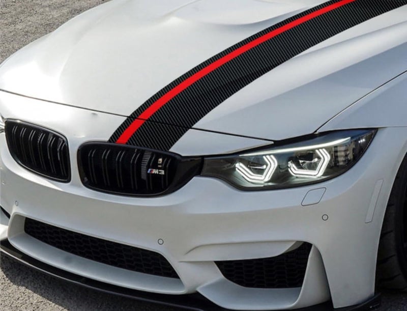 iJDMTOY 7-Inch Width Gloss Black 5D Carbon Fiber Pattern with Red Rally Stripe Vinyl Graphics Decal Kit - Image 4
