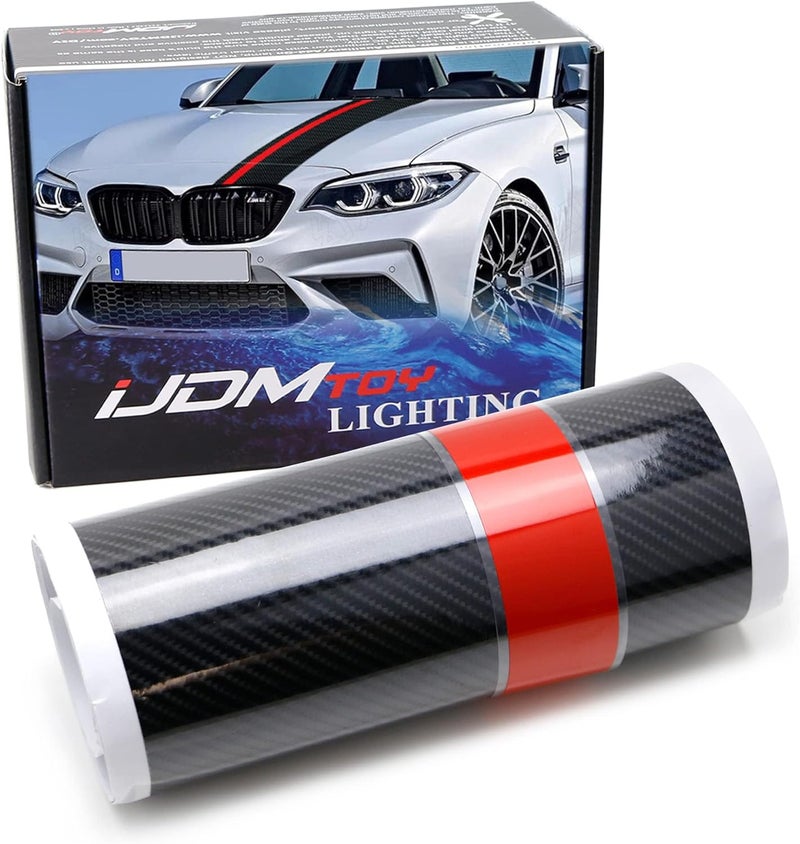 iJDMTOY 7-Inch Width Gloss Black 5D Carbon Fiber Pattern with Red Rally Stripe Vinyl Graphics Decal Kit - Image 1