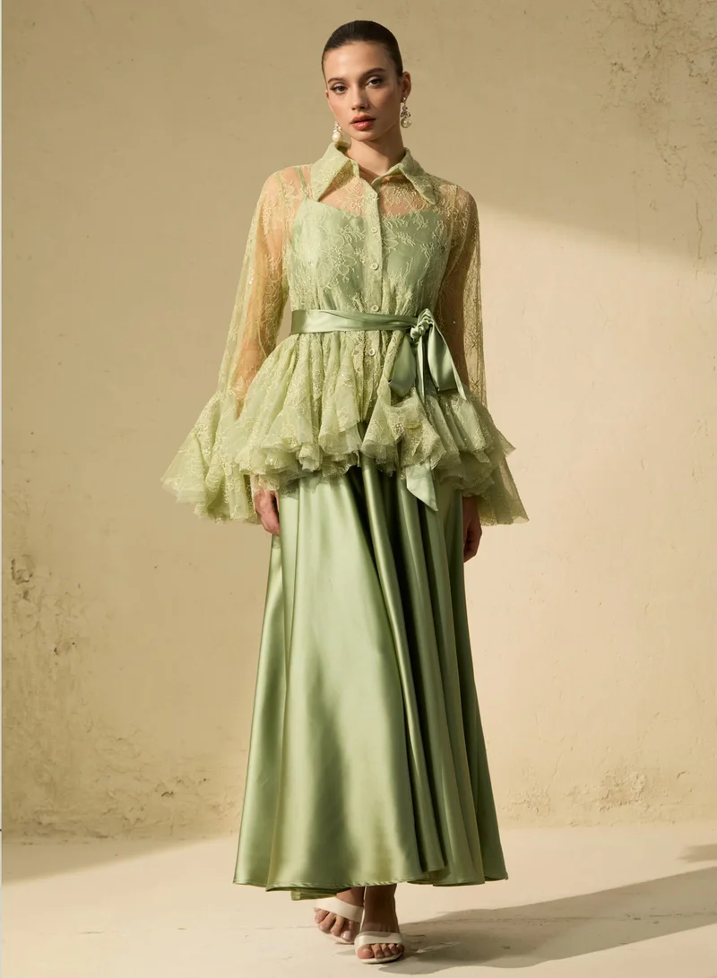 Sunfere Soft Morning Mist Green Sheer Ruffled Blouse & Satin Dress Set